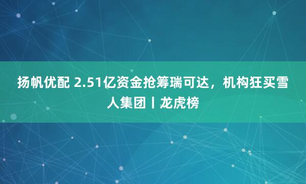 扬帆优配 2.51亿资金抢筹瑞可达，机构狂买雪人集团丨龙虎榜
